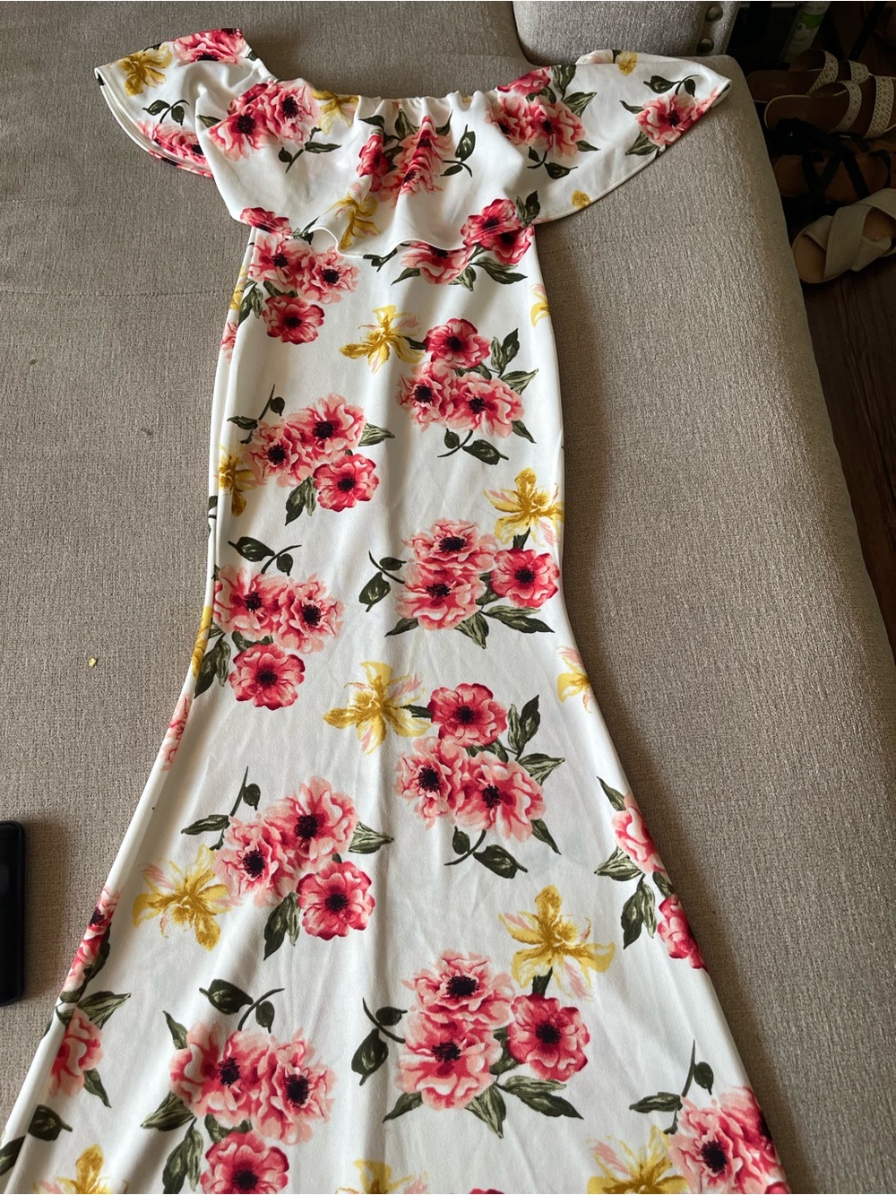 Off-Shoulder Floral Maxi Dress in White with Pink & Yellow Blooms
